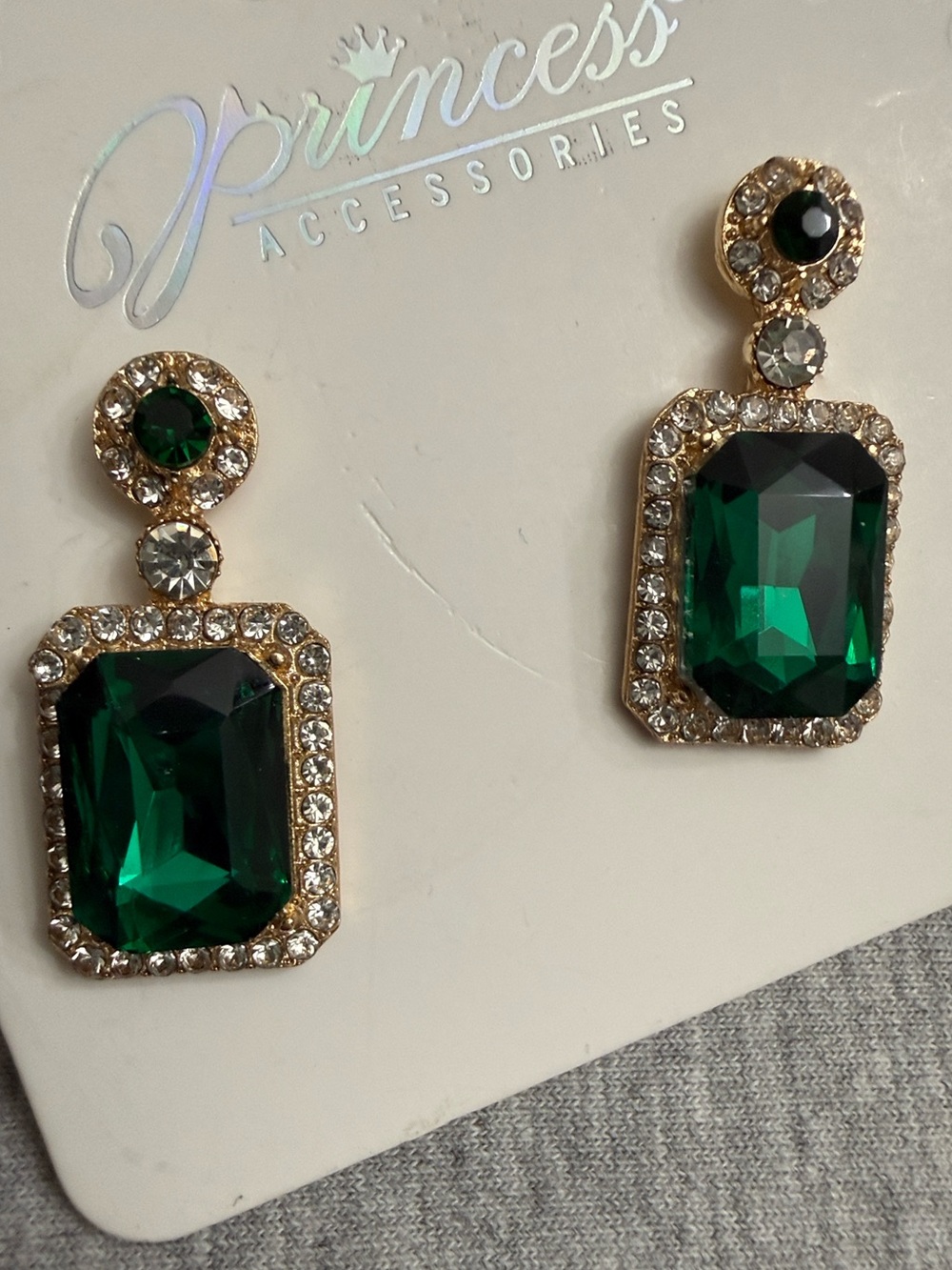 Princess Accessories Gold-Tone Emerald Green Crystal Drop Earrings